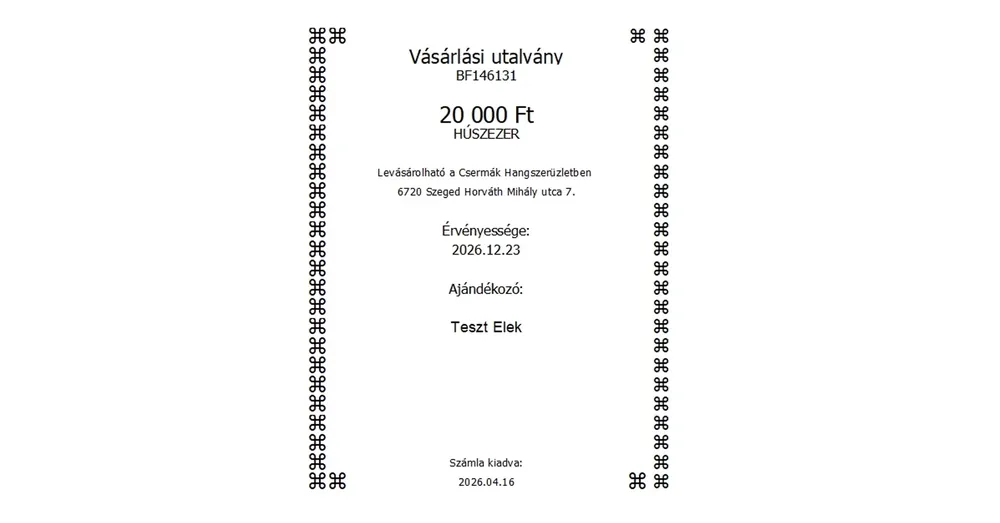 Legnépszerűbb Vásárlási utalvány 20.000.- Ft értékben, Áfa: 5%