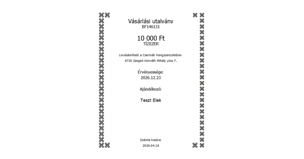 Vásárlási utalvány 10.000.- Ft. értékben, Áfa: 5% Biztonságos fizetés